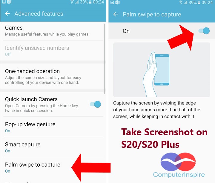 Take Galaxy S20 ScreenShot Using Palm Swipe